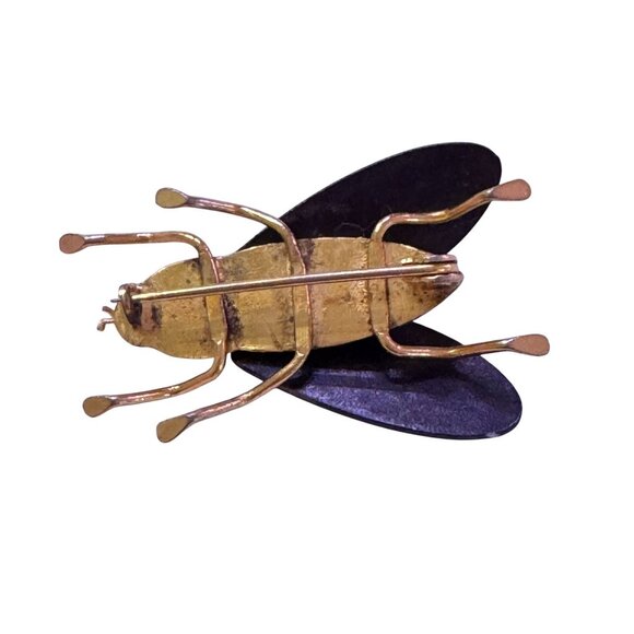 Vtg 70s Insect Brooch/Pin Gold Tone Black Enamel Wings Geometric Pattern Wings - Picture 6 of 7